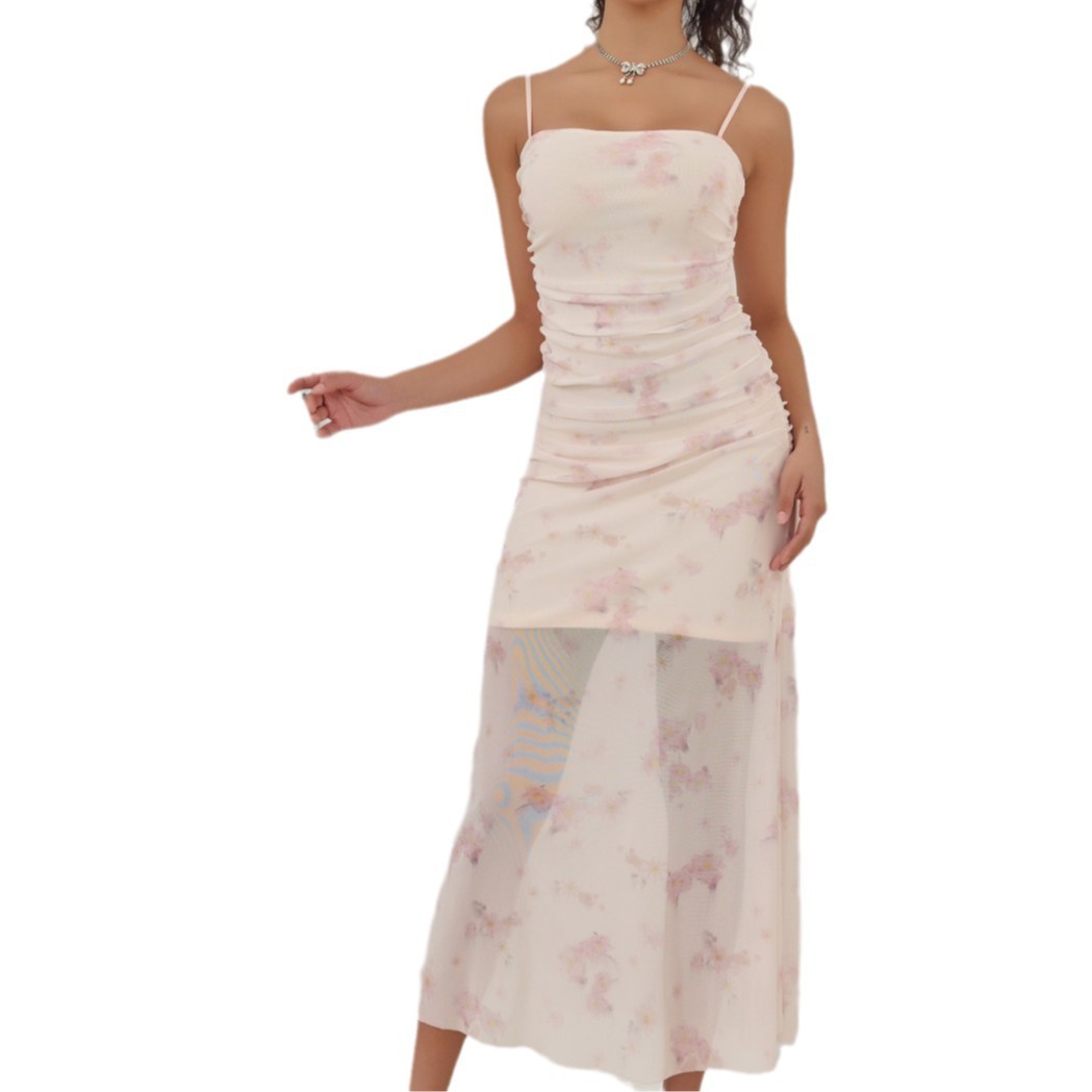Sweet Printed Pleated Suspender Dress Vacation Style
