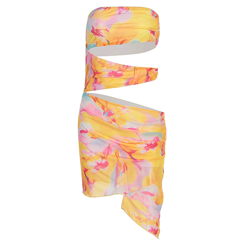 Summer Women's Printed Wear Beach Vacation Off-shoulder Tube Top Cinched Waist Hip Dress