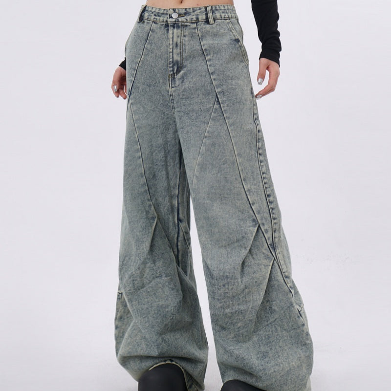 Light-blue Distressed Washed Denim Jeans With Spliced Pleats