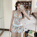 Womens Floral Halter Neck, Low-Chest Push-Up Two-Piece Skirted Swimsuit