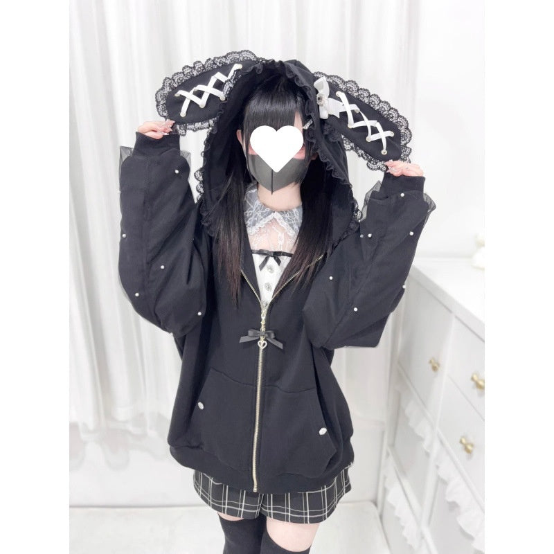 2D Ribbon Bunny Ears Hood With Bow And Pearl Decoration Cute Versatile Long Sleeve Jacket