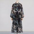 High-grade Seaside Vacation Style New Round Neck Multi-button Placket Design Printed Lantern Sleeve Dress Women