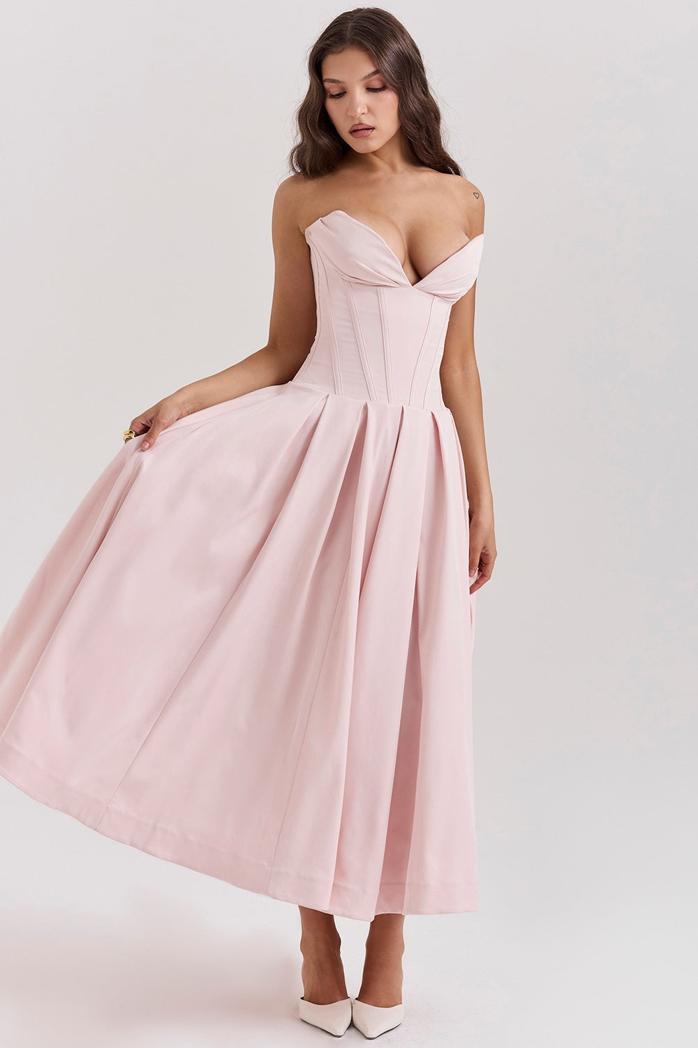 Solid-color V-neck Maxi-length Sleeveless Boned Bustier Elegant Sexy Figure-flattering Midi Dress