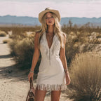 V-neck Zip-front Tasseled Faux Suede Mini Dress