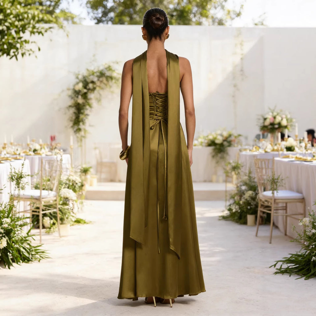 Womens Backless Tube-Top Waist-Cinching Evening Gown Long Dress