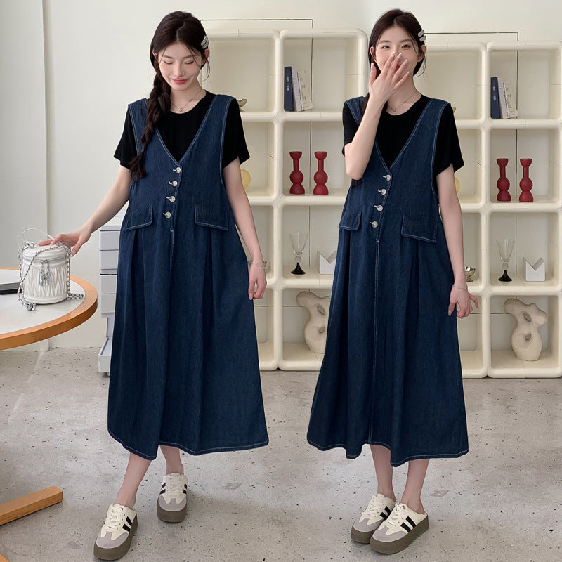 Plus-size Thin Denim Vest Skirt Base T-shirt Two-piece Set
