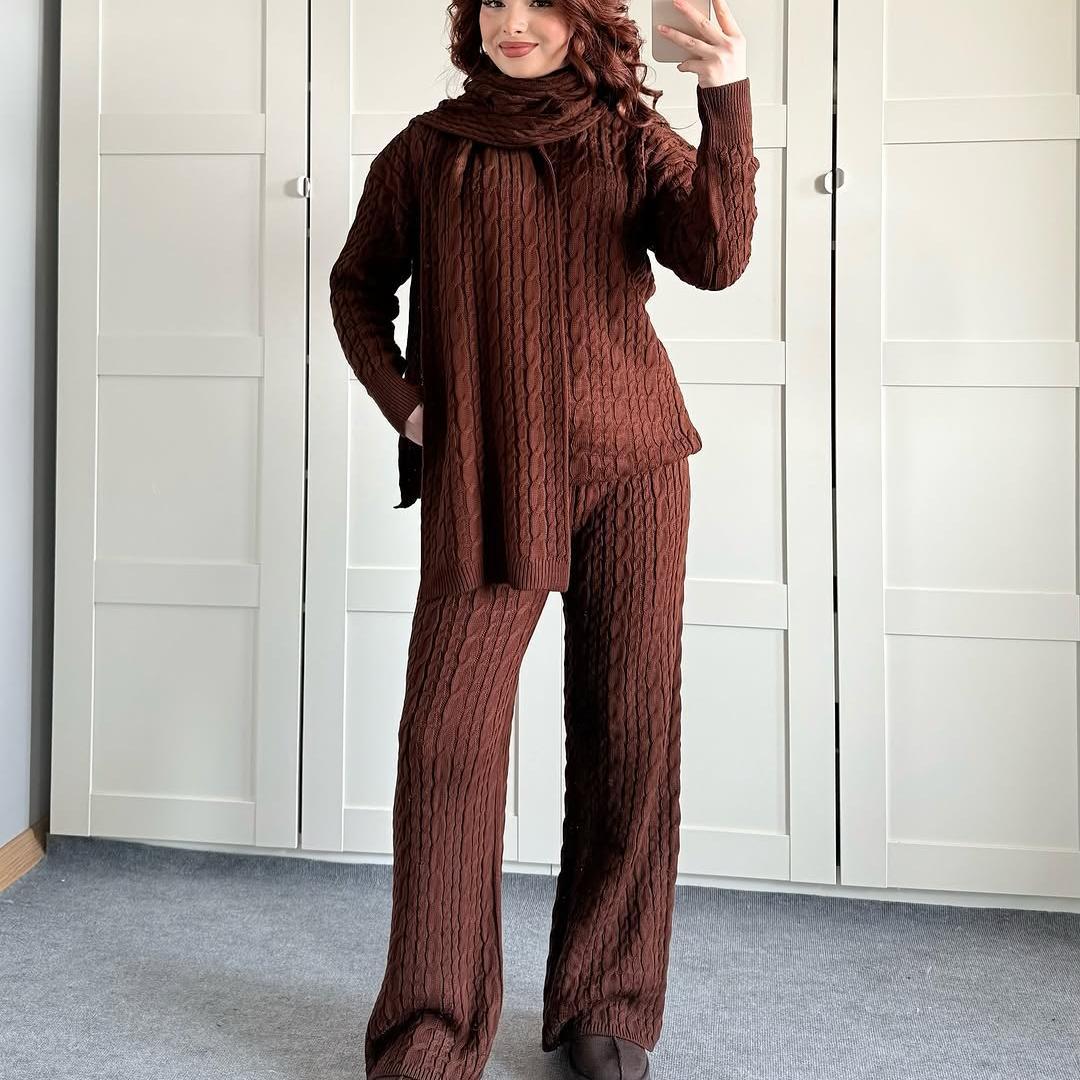 Warm Casual Neck Warmer Top And Pants Sweater Set