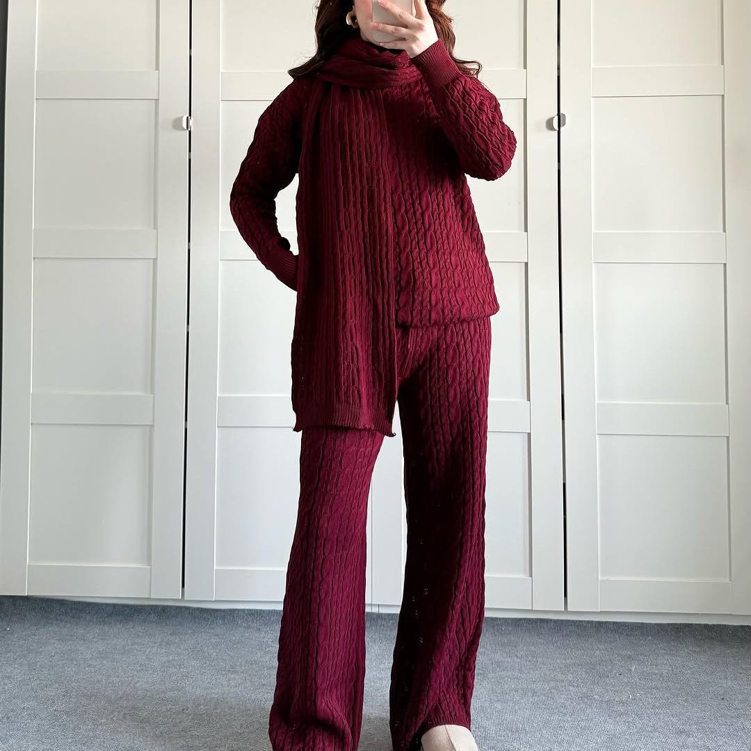 Warm Casual Neck Warmer Top And Pants Sweater Set