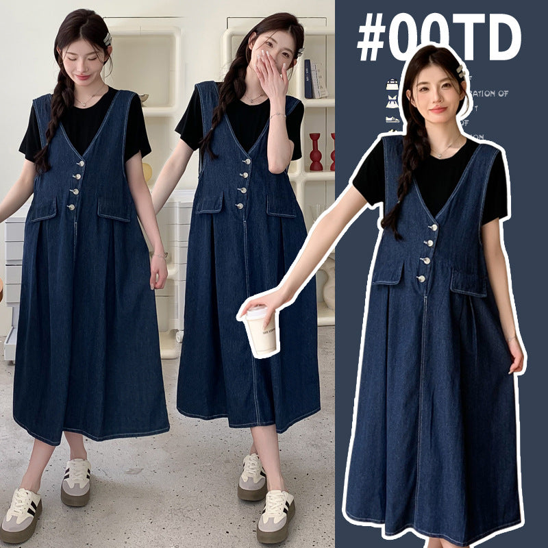 Plus-size Thin Denim Vest Skirt Base T-shirt Two-piece Set