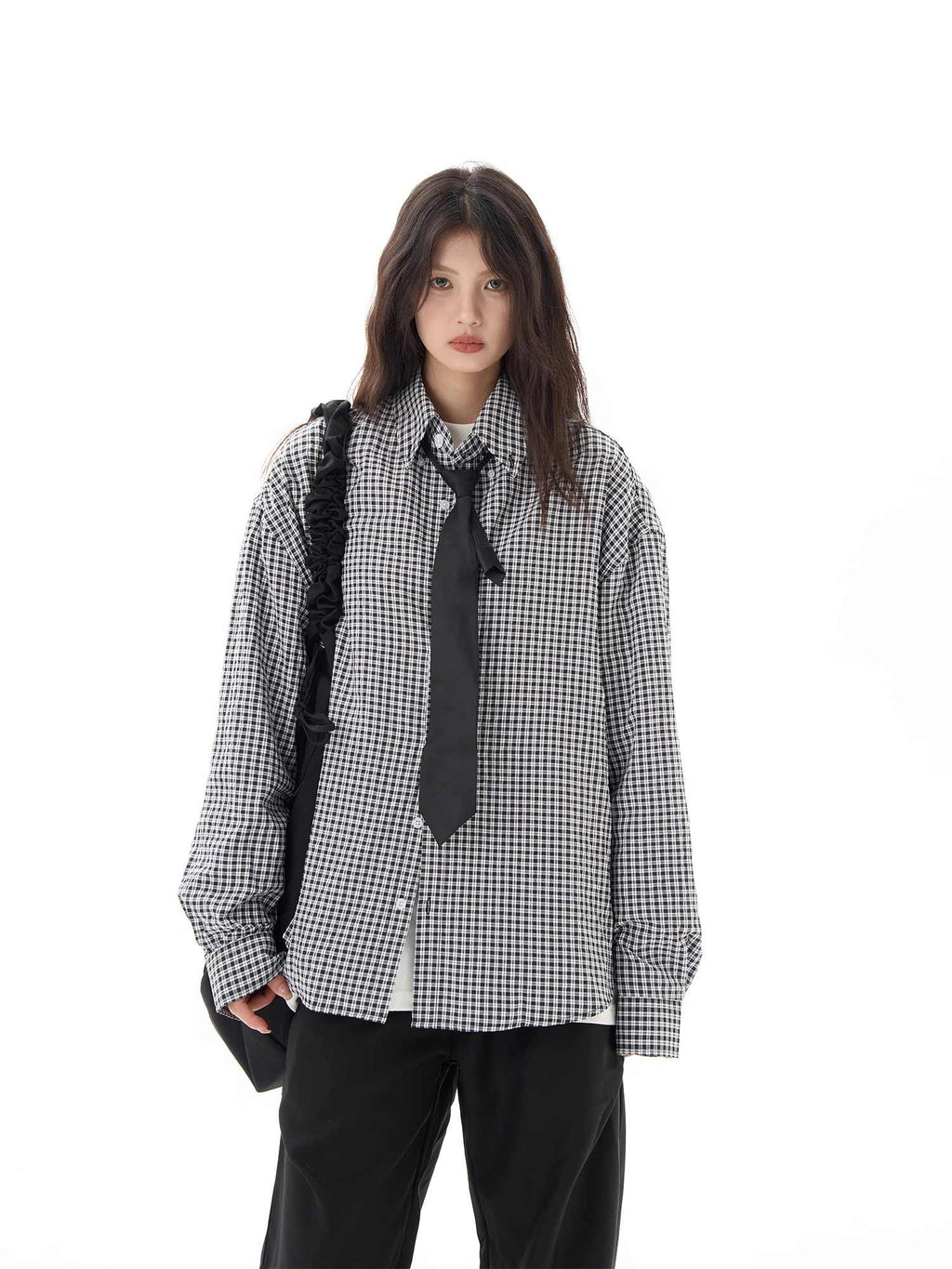 Black Plaid Shirt Long Sleeve Women Casual Loose Shirt Coat