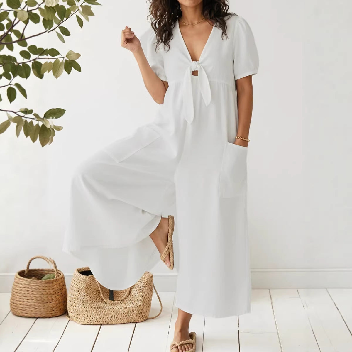 Casual Loose-Fitting Short-Sleeve V-Neck Denim Jumpsuit
