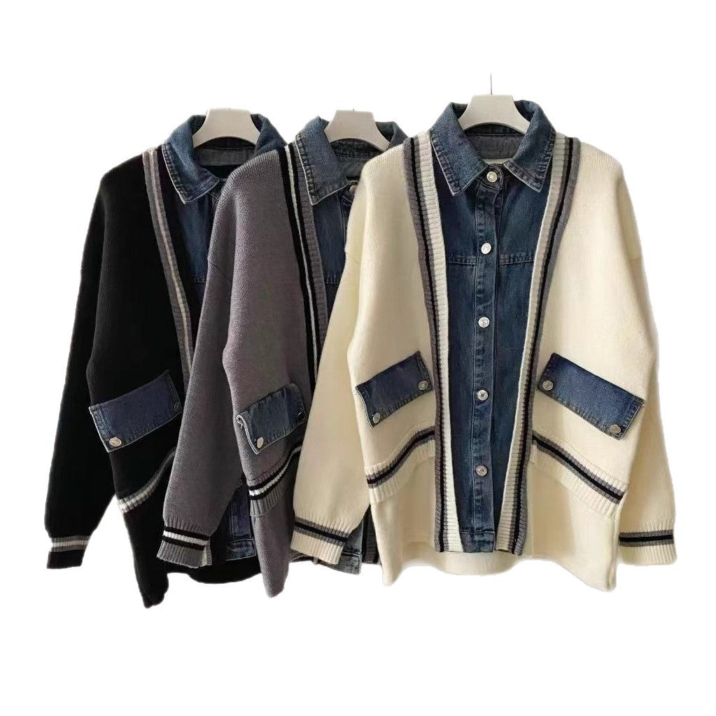 Women's Casual Loose Denim Patchwork Cardigan Coat