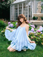 Blue Vacation Spaghetti Straps Top And Skirt Suit