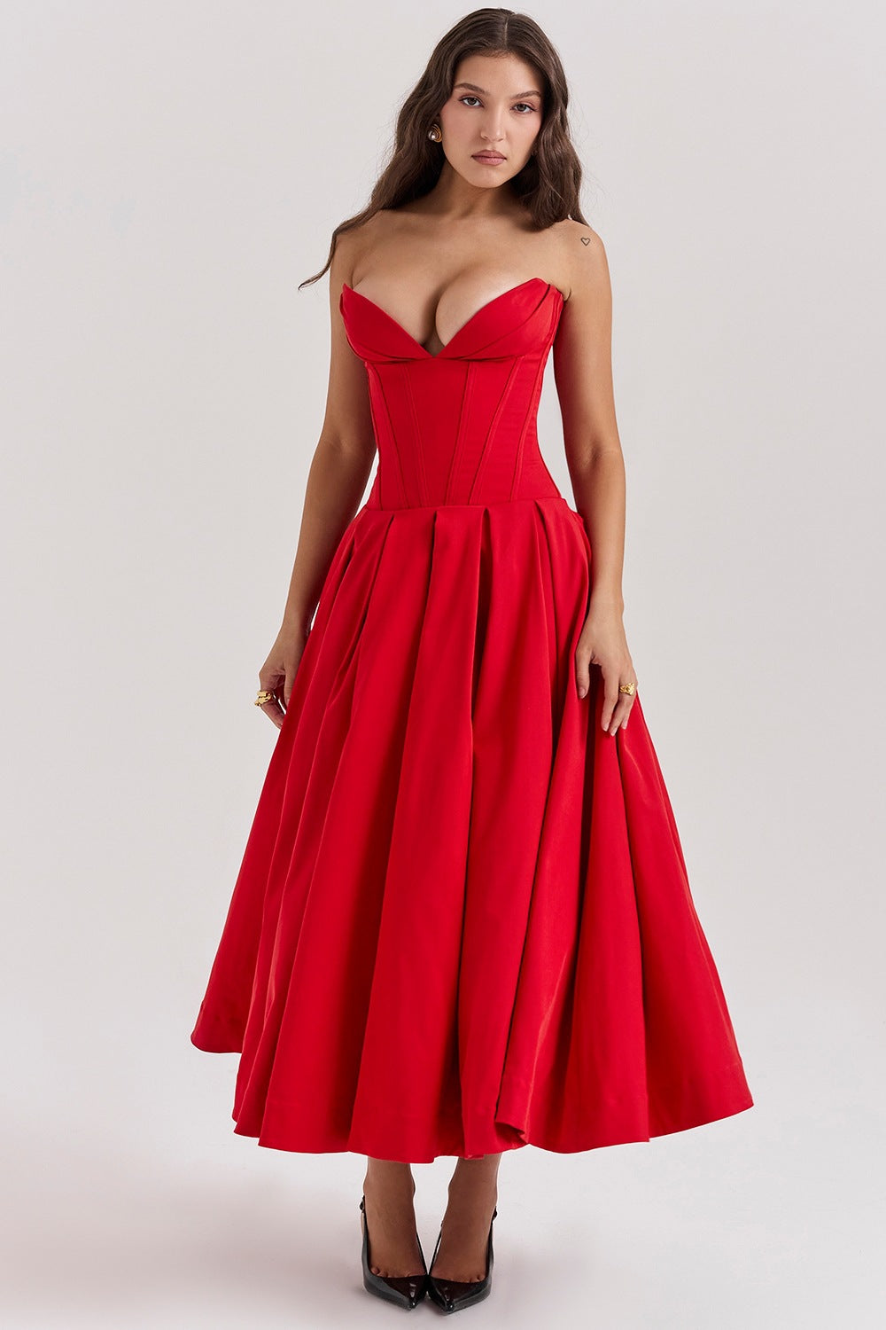Solid-color V-neck Maxi-length Sleeveless Boned Bustier Elegant Sexy Figure-flattering Midi Dress