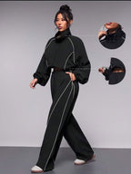Womens Color-Block Drawstring Sports Jacket And Pants Set