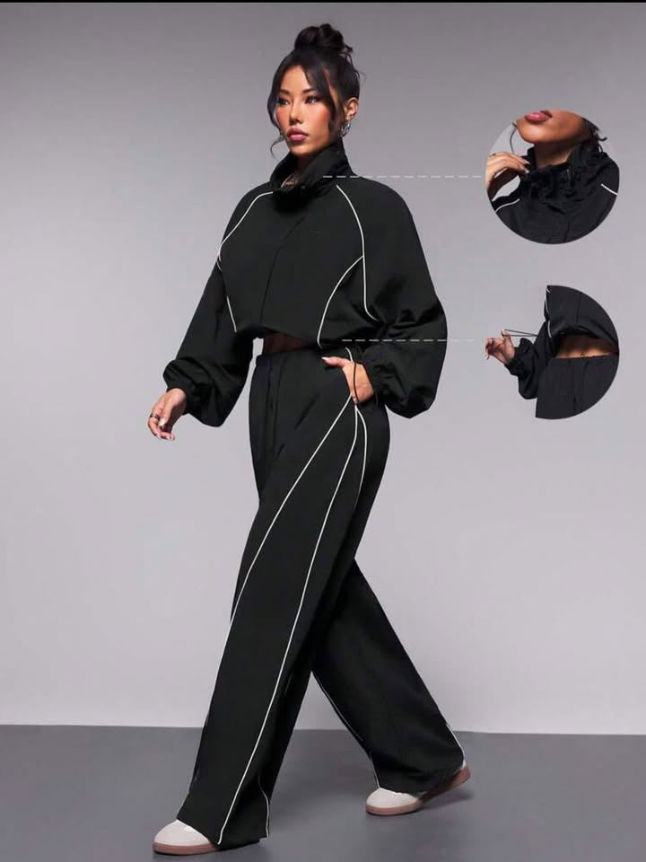 Womens Color-Block Drawstring Sports Jacket And Pants Set