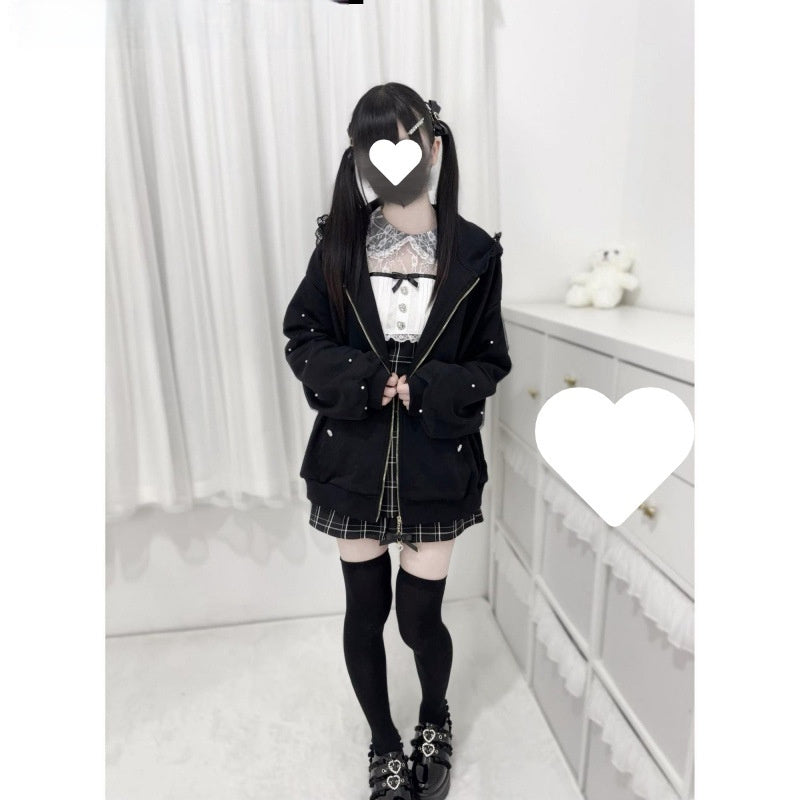 2D Ribbon Bunny Ears Hood With Bow And Pearl Decoration Cute Versatile Long Sleeve Jacket