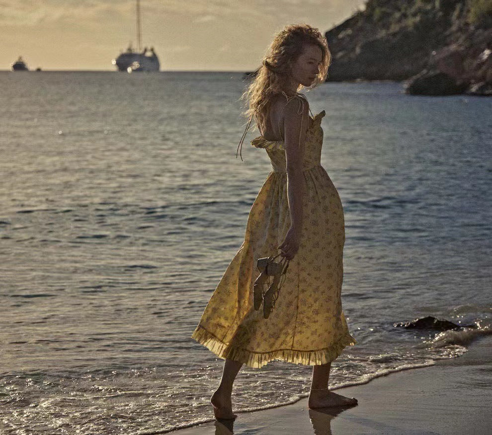 Cotton Printed Vacation Style Lace-up Ruffle Sleeveless Dress