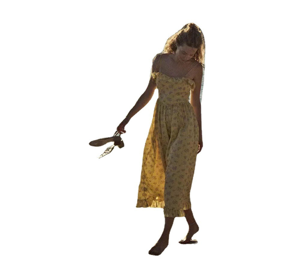 Cotton Printed Vacation Style Lace-up Ruffle Sleeveless Dress