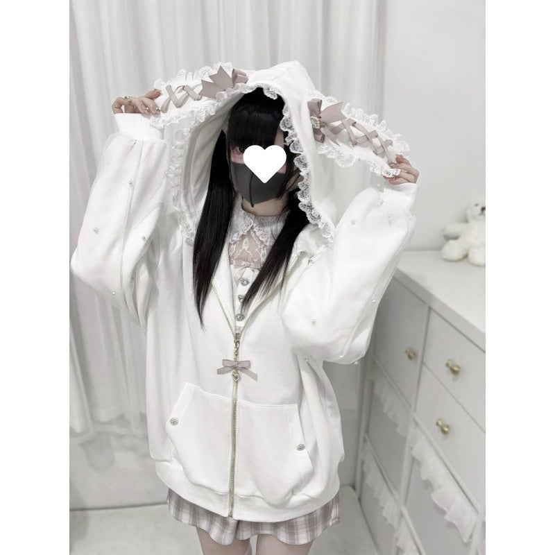 2D Ribbon Bunny Ears Hood With Bow And Pearl Decoration Cute Versatile Long Sleeve Jacket