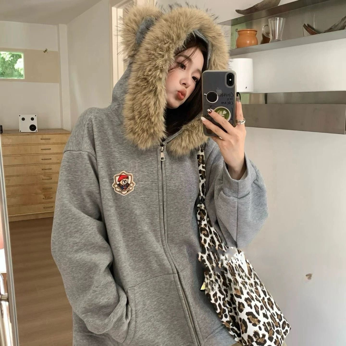 Korean Style Cute Bear Ears Fur Collar Hoodie Coat
