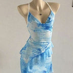 Womens Resort-Style Sleeveless Halterneck Printed Beach Dress