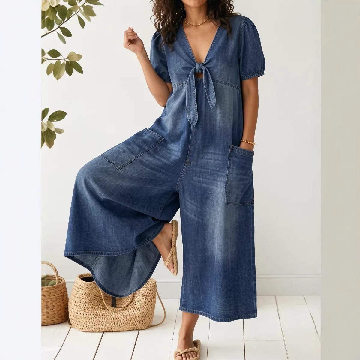 Casual Loose-Fitting Short-Sleeve V-Neck Denim Jumpsuit