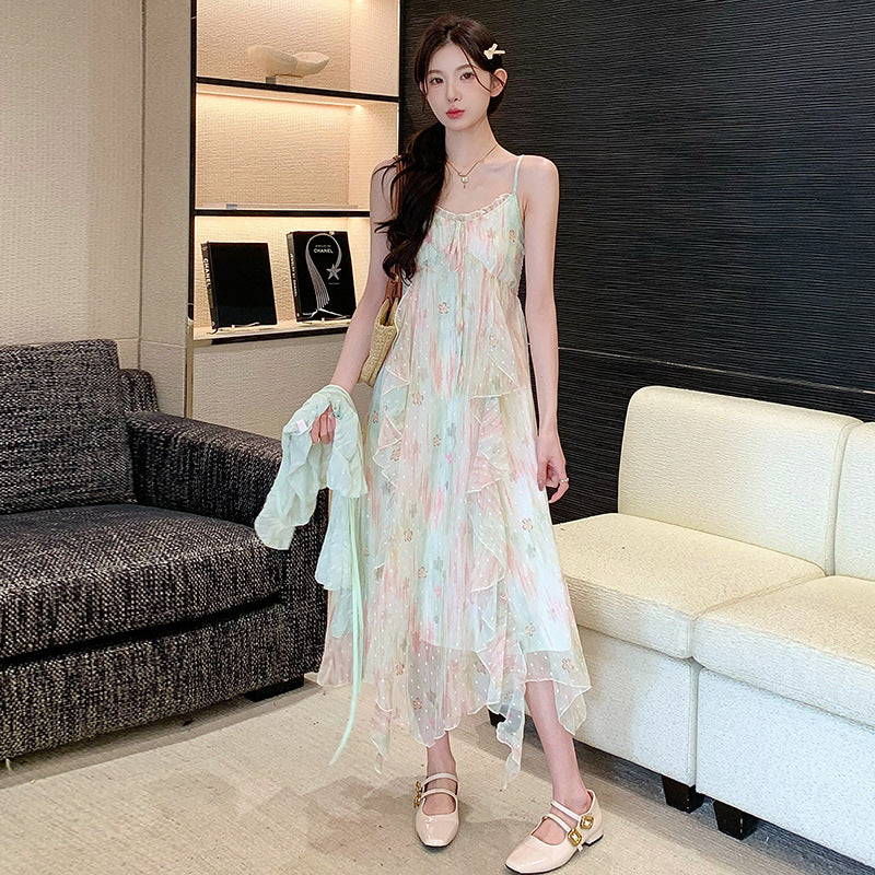 Sweet-style Floral Slip Dress And Lace Cardigan Two-piece Set
