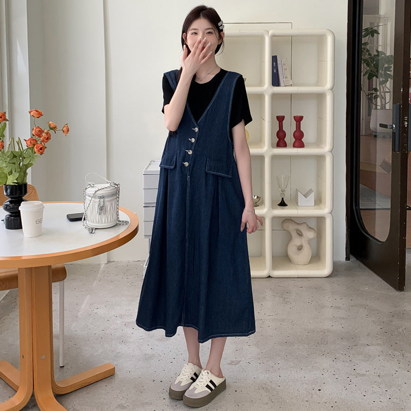 Plus-size Thin Denim Vest Skirt Base T-shirt Two-piece Set