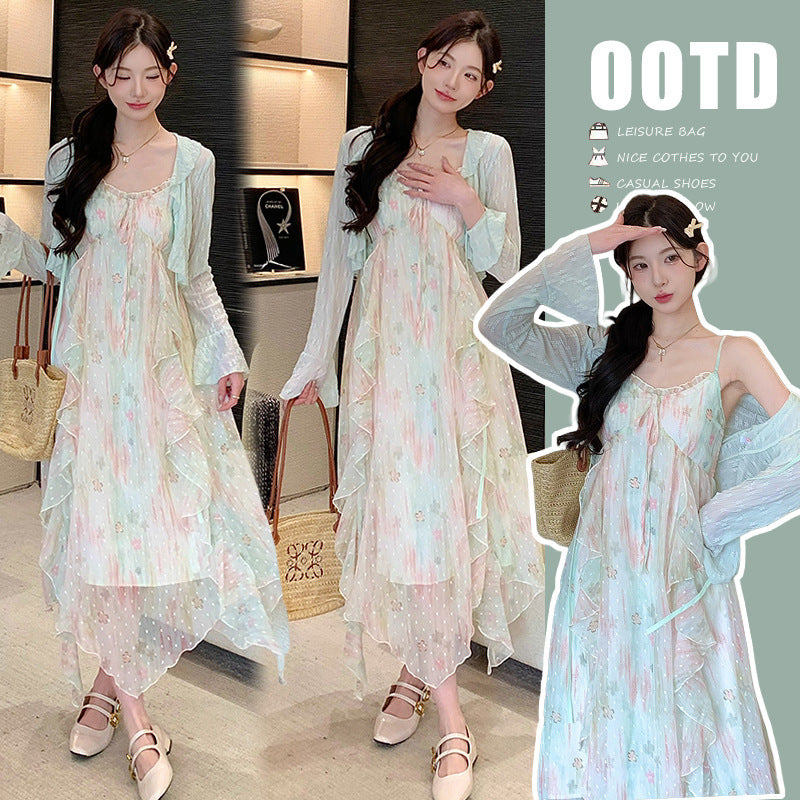 Sweet-style Floral Slip Dress And Lace Cardigan Two-piece Set