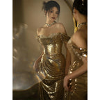 Gold Sequin Fishtail Dress | Off-Shoulder Bridal Toast Gown Women