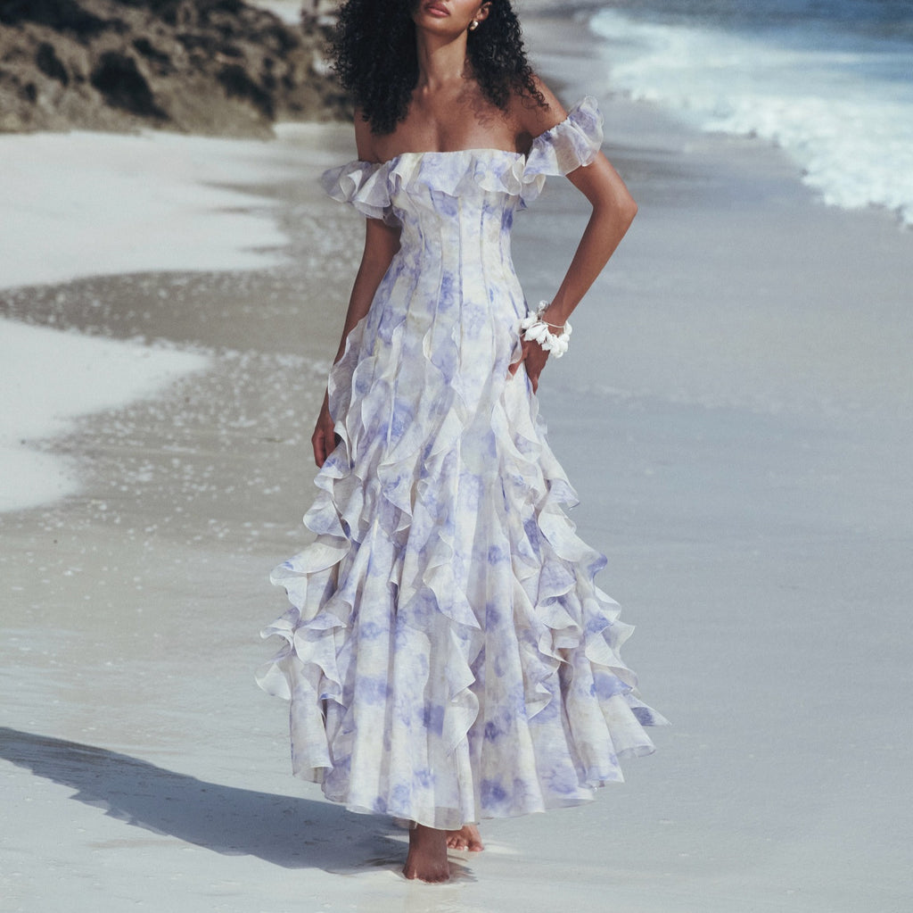 Seaside Vacation Style Suspender Skirt Yarn French Ruffled Beach Dress