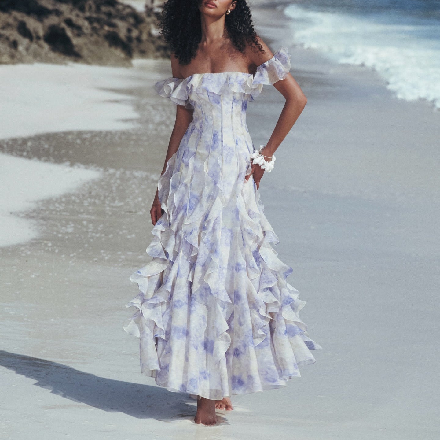 Seaside Vacation Style Suspender Skirt Yarn French Ruffled Beach Dress