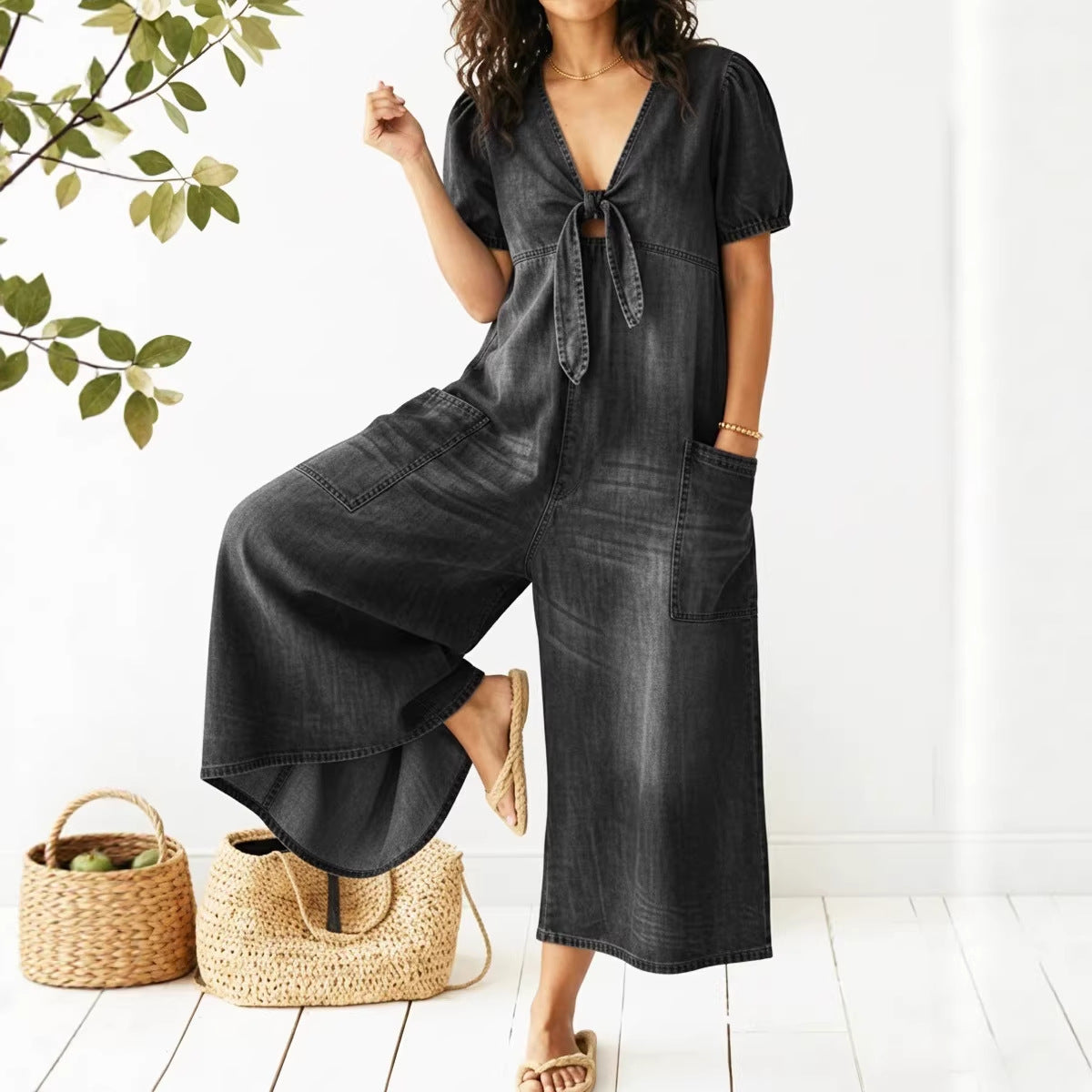 Casual Loose-Fitting Short-Sleeve V-Neck Denim Jumpsuit