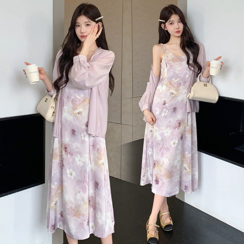 Sweet And Gentle Style Purple Printed Slip Dress Shirt And Cardigan Two-Piece Set