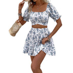 French-style Floral Print Dress Vacation-style Set Short Skirt