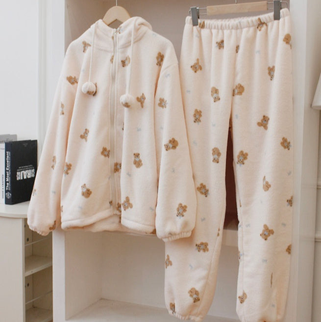 Lace Jacquard Sweet And Cute Coral Fleece Hooded Pajamas For Women