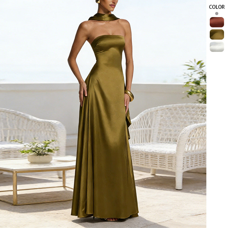 Womens Backless Tube-Top Waist-Cinching Evening Gown Long Dress