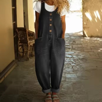 Women's Buckle Jumpsuit Casual Retro Multi-Pocket Overalls