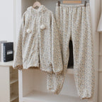 Lace Jacquard Sweet And Cute Coral Fleece Hooded Pajamas For Women
