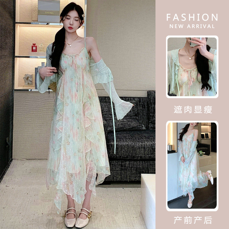 Sweet-style Floral Slip Dress And Lace Cardigan Two-piece Set