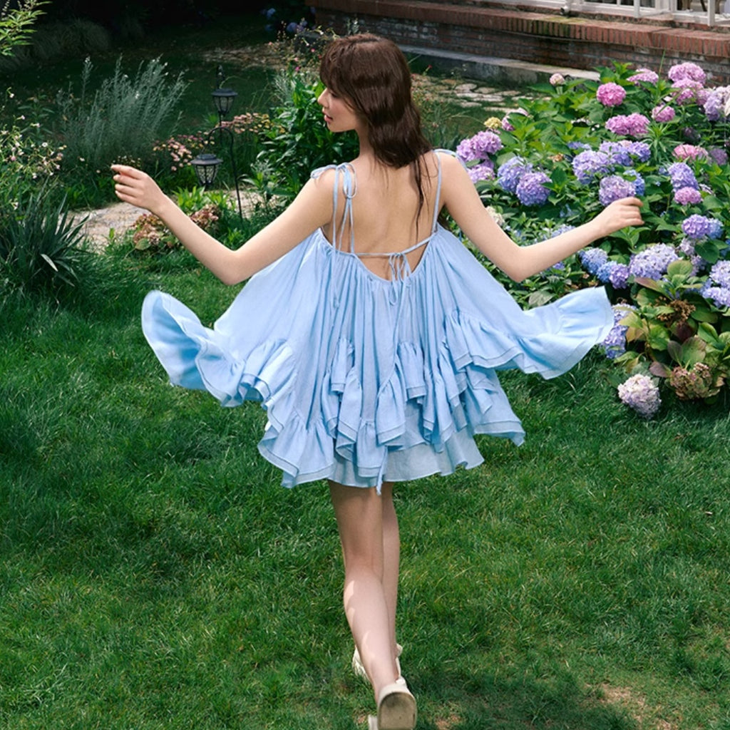 Blue Vacation Spaghetti Straps Top And Skirt Suit