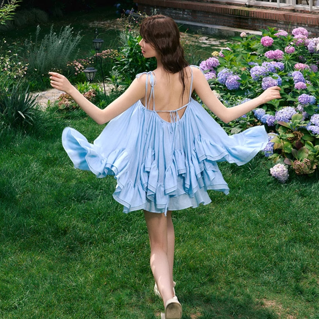 Blue Vacation Spaghetti Straps Top And Skirt Suit