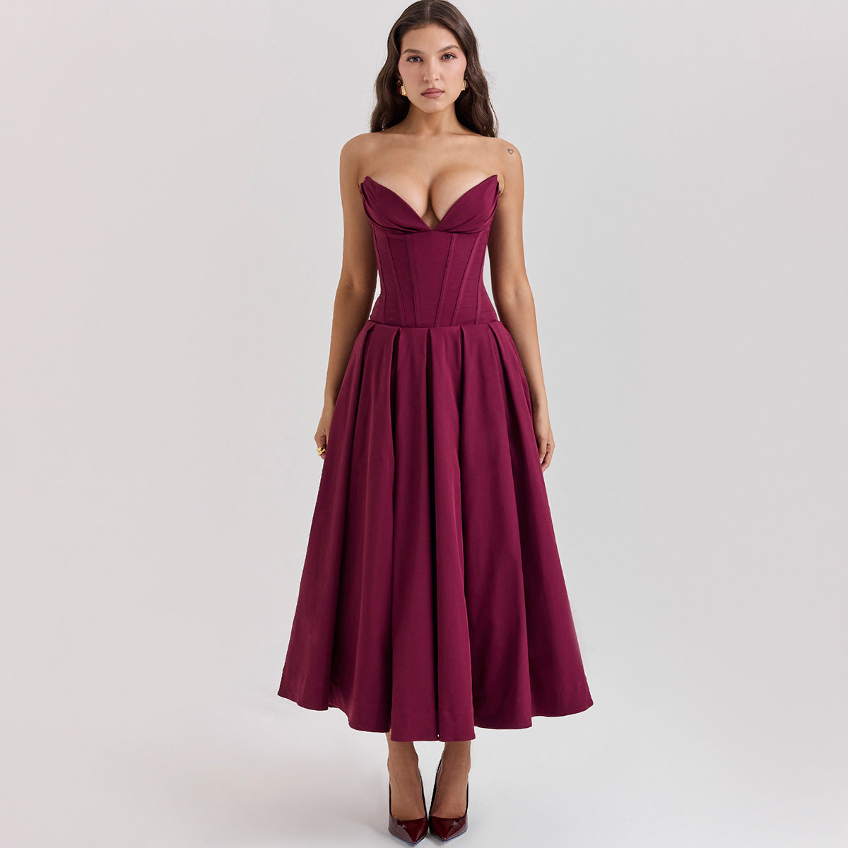 Solid-color V-neck Maxi-length Sleeveless Boned Bustier Elegant Sexy Figure-flattering Midi Dress