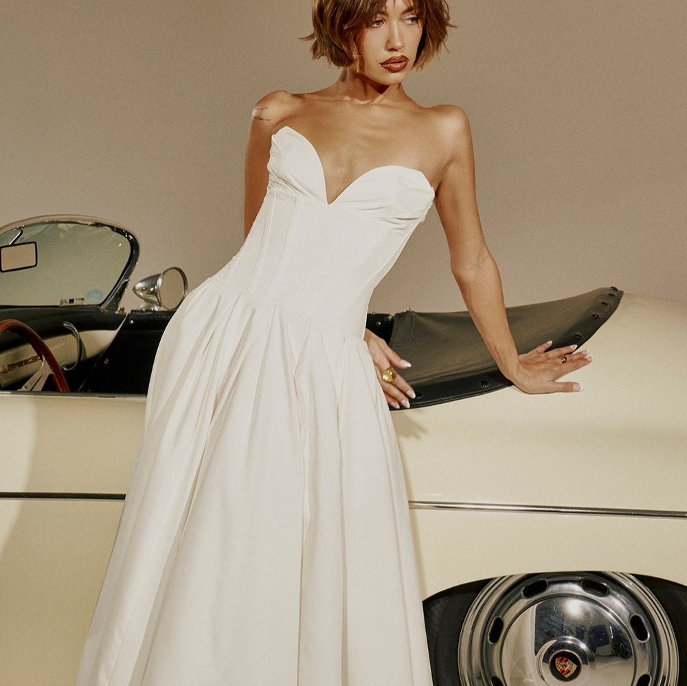 Solid-color V-neck Maxi-length Sleeveless Boned Bustier Elegant Sexy Figure-flattering Midi Dress