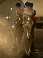 Gold Sequin Fishtail Dress | Off-Shoulder Bridal Toast Gown Women