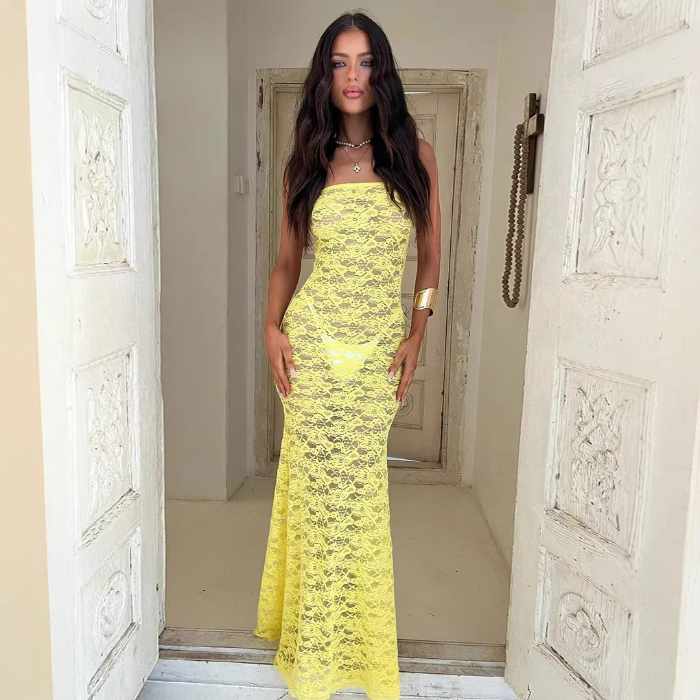Lace-spliced Strap-backless Long Tube Dress For Women