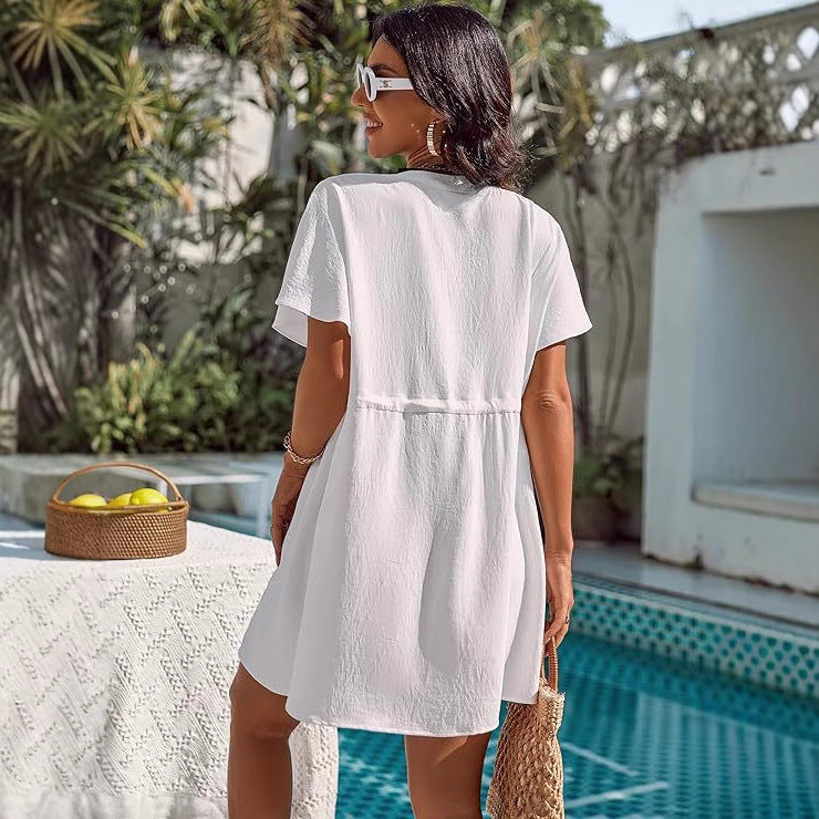 V-neck Solid-color Lace-up Dress