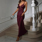 Women's Wine Red V-neck Dress Elegant French Style