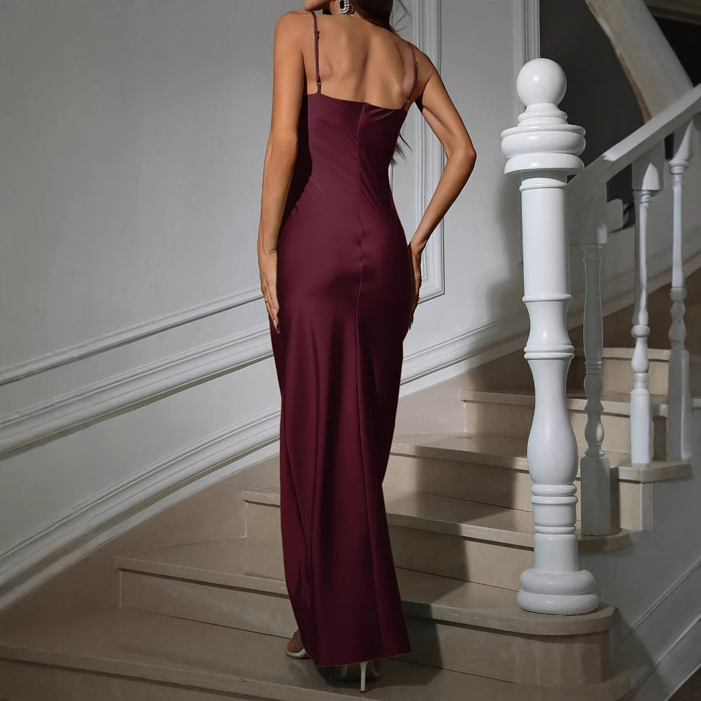Women's Wine Red V-neck Dress Elegant French Style